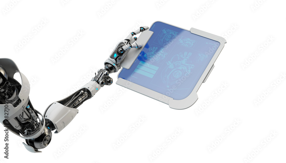 Poster artificial robotic arm holding sci-fi tablet with heart stats, 3d rendering