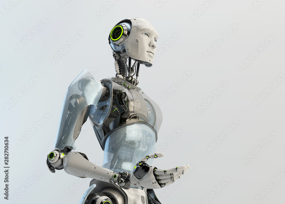 Poster cyborg man by torso, gesturing 3d rendering