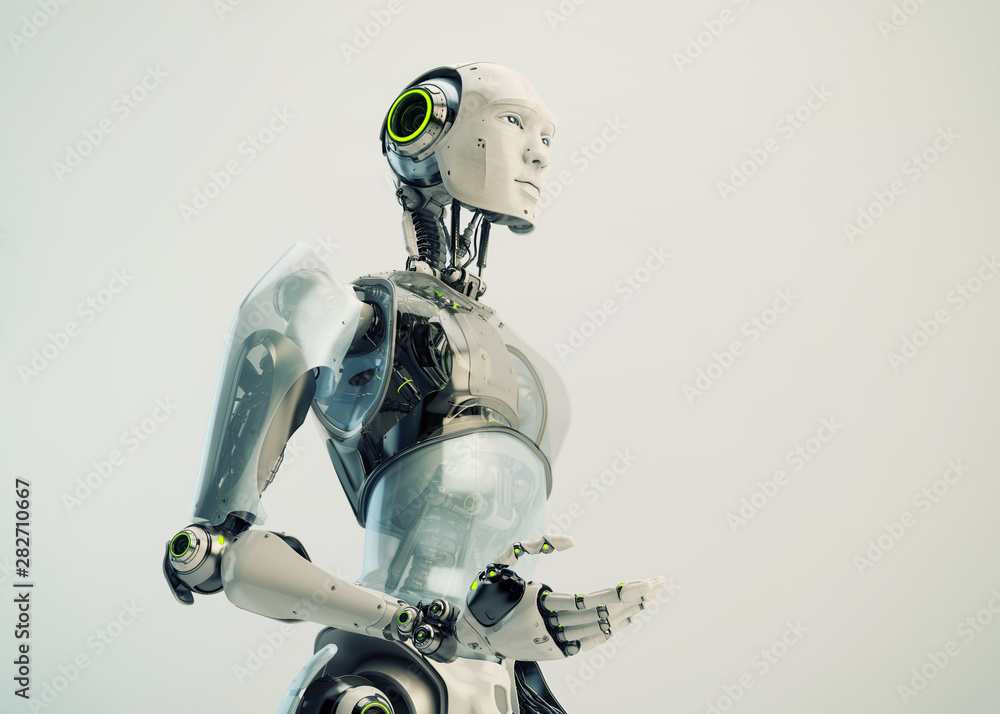 Poster cyborg man by torso, gesturing 3d rendering