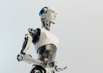 Cyborg man by torso, gesturing 3d rendering