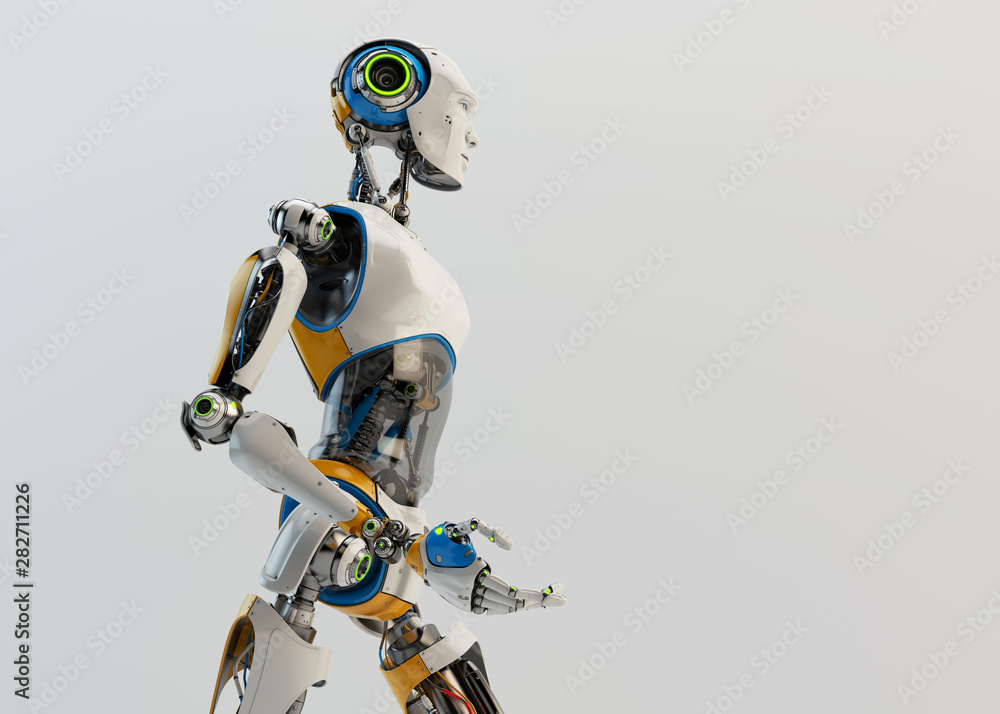 Poster sci-fi robotic man walking, side view 3d rendering