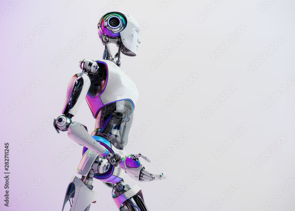 Poster sci-fi robotic man walking, side view 3d rendering