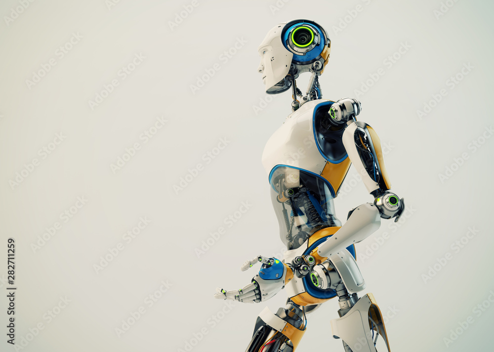 Poster sci-fi robotic man walking, side view 3d rendering