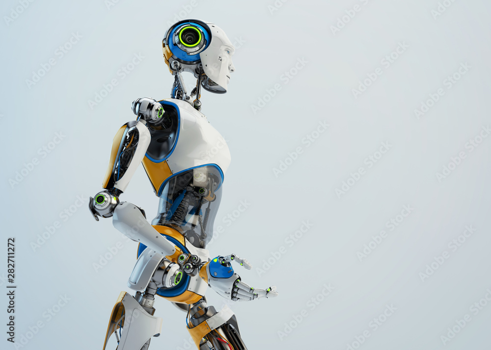 Poster sci-fi robotic man walking, side view 3d rendering