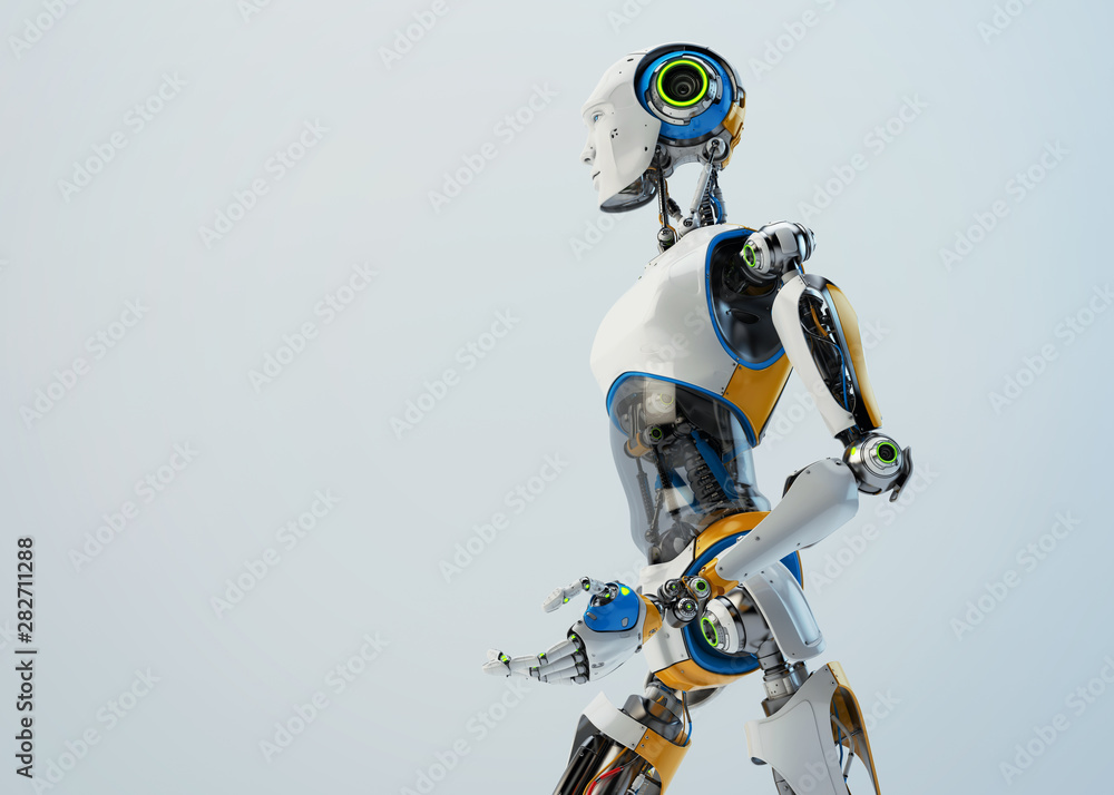 Poster sci-fi robotic man walking, side view 3d rendering