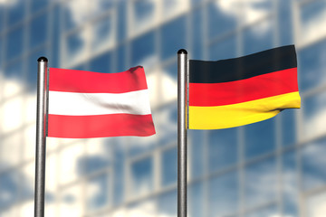 3d render of an flag of Austria and Germany, in front of an blurry background, with a steel flagpole