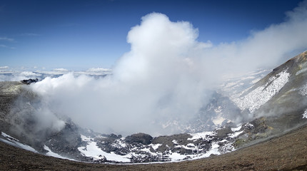 Fototapeta na wymiar The beautiful crater of volcano etna producing smoke.