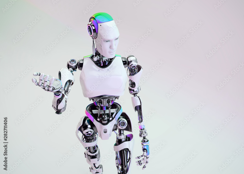 Poster technological robot man is offering you something, 3d rendering
