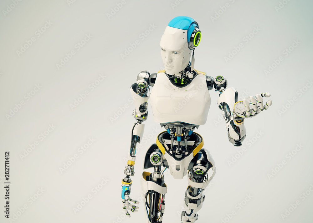 Poster technological robot man is offering you something, 3d rendering