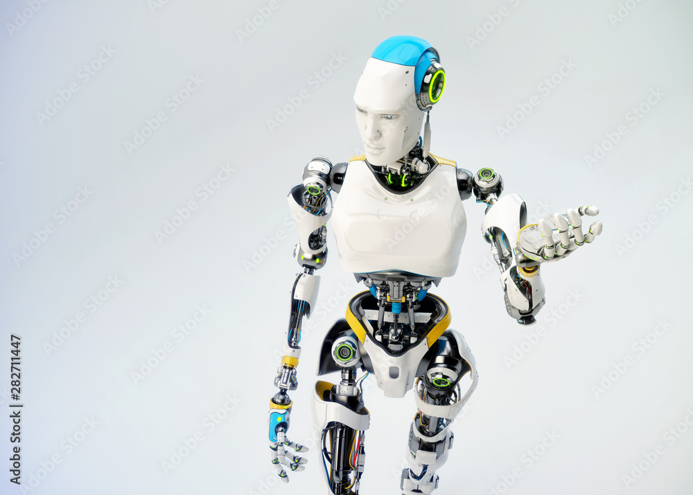 Poster technological robot man is offering you something, 3d rendering