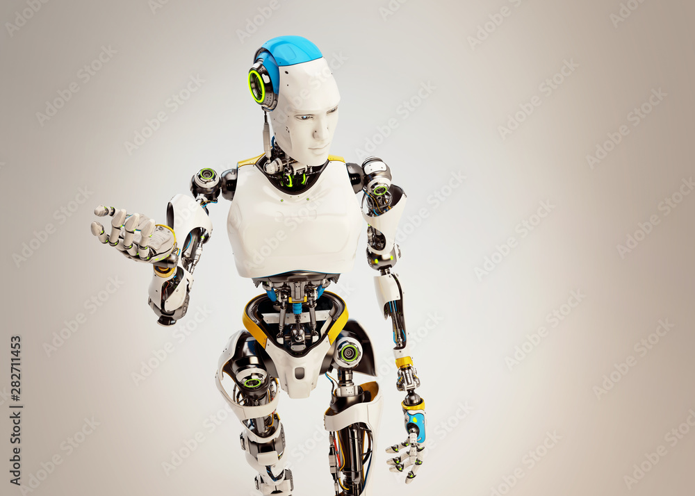 Aufkleber technological robot man is offering you something, 3d rendering