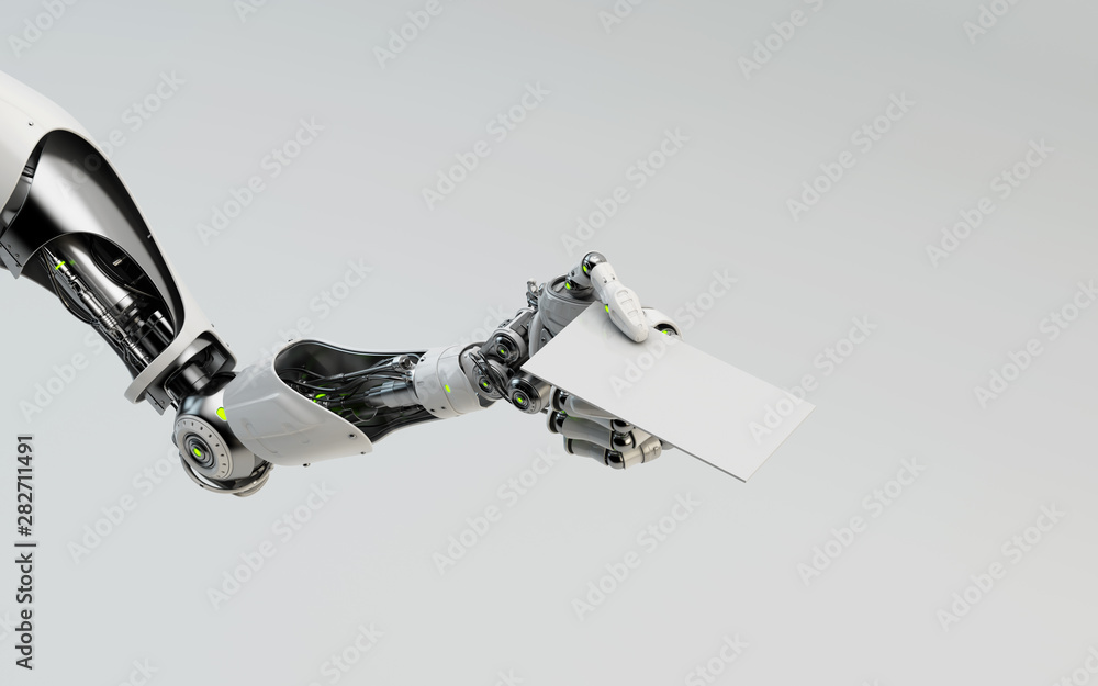 Poster sci-fi robotic arm showing blank card, 3d rendering