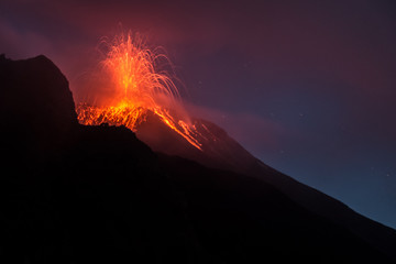 An eruption of the active volcano in Stromboli.