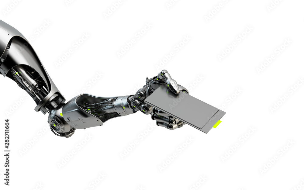 Poster sci-fi robotic arm showing blank card, 3d rendering