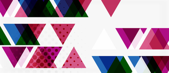 Obraz premium Banner with multicolored mosaic triangle geometric design on white background. Abstract texture. Vector illustration design template.