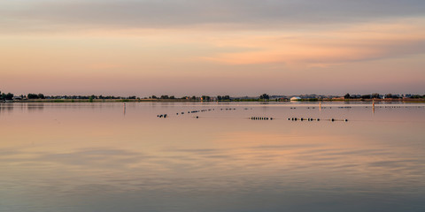 lake swimming beach at dawn