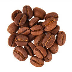 heap of coffee beans isolated on white background. top view