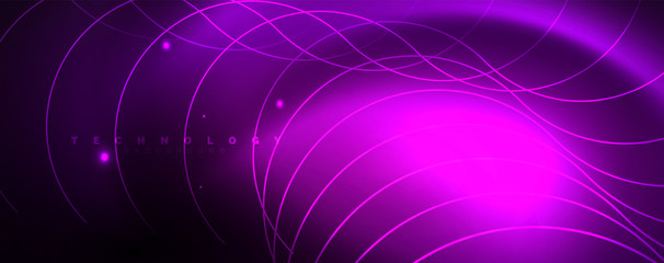 Shiny neon lights, dark abstract background with blurred magic neon light curved lines