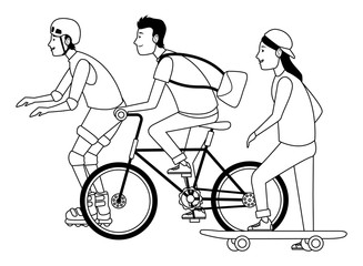 Young peple with sakteboard, skates and bikes in black and white