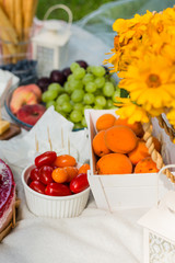 Picnic at the park on the grass: tablecloth, basket, food and accessories, top view