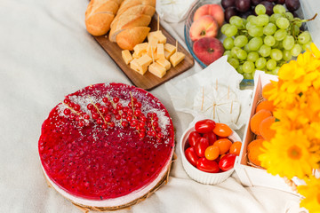 Picnic at the park on the grass: pie, tablecloth, fruits and vegetables, top view. Sweet tart with currant