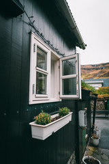 Fototapeta na wymiar Village houses with grass on the roof Faroe Islands 