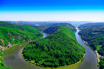 Fototapeta premium Saarschleife of the Saar near Orscholz with a view of the entire Saarbiegung in Saar-Lor-Lux Saarland Germany Europe