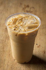ice coffee on wooden table