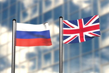 3d render of an flag of Russia and Great Britain, in front of an blurry background, with a steel flagpole