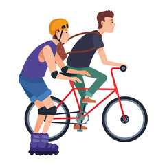 Obraz premium Young people with bike and skates