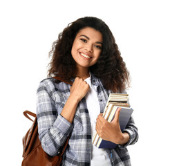 Portrait of cute African-American student on white background