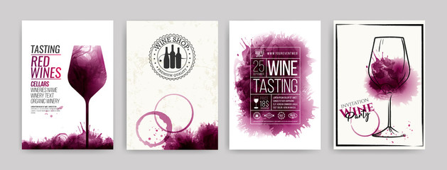 Collection of templates with wine designs.  illustration and hand drawing of wine glass. Brochure, poster, invitation card, promotion banner, menu, list, cover. Wine stains backgrounds.