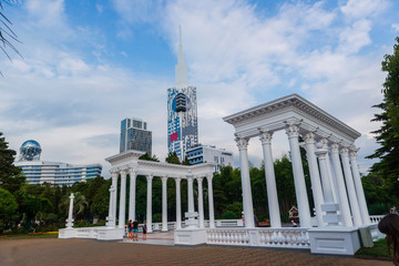 BATUMI, ADJARA, GEORGIA - JUNE 28: Batumi Technological University Tower and Colonnade on June 28, 2019 in Batumi. Batumi is a stylish resort located in a convenient natural Black Sea bay.