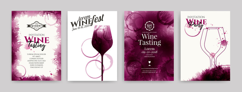Collection of templates with wine designs. Elegant wine glass illustration. Brochure, poster, invitation card, promotion banner, menu, list, cover. Wine stains backgrounds.