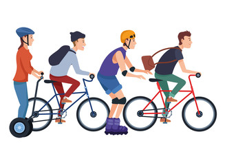 Fototapeta premium People riding with bikes scooter and skates