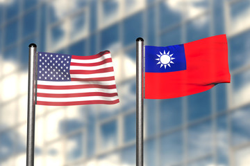 3d render of an flag of USA and Taiwan, in front of an blurry background, with a steel flagpole