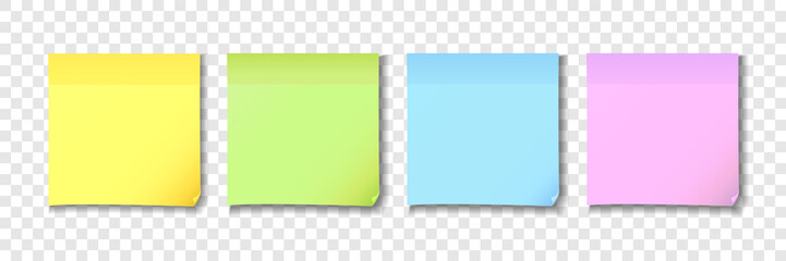 Yellow, green, blue and pink sticky notes paper. Colored post note paper on transparent background. Vector illustration - obrazy, fototapety, plakaty