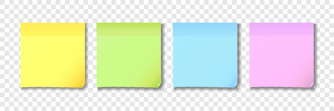 Yellow, green, blue and pink sticky notes paper. Colored post note paper on transparent background. Vector illustration