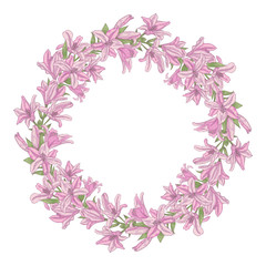 Obraz na płótnie Canvas Vector wreath of light pink lily flowers isolated on white