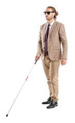 Blind young man on white background