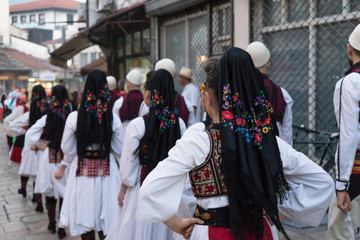 International parade in the streets of Skopje, Macedonia with traditional costume folk dress ready...