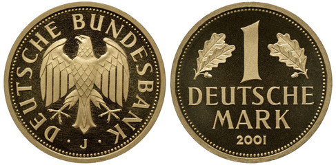 Germany German commemorative golden coin 1 one mark 2001, subject Last mark, eagle, digit of denomination flanked by oak leaves, date below, - obrazy, fototapety, plakaty