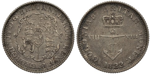 British West Indies silver coin 1/8 one eighth of a dollar 1822, ruler George IV, shield with lions...