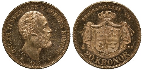 Sweden Swedish Norway Norwegian golden coin 20 twenty kronor 1877, head of King Oscar II right, coat of arms, shield with designs in front of crowned mantle, denomination below,