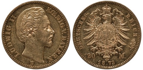 Germany German Bavaria Bavarian golden coin 20 twenty mark 1873, head of King Ludwig II right,...