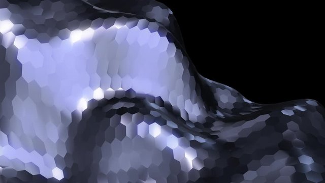 Abstract background with animation waving of metallic surface from hexagons. Animation of seamless loop.