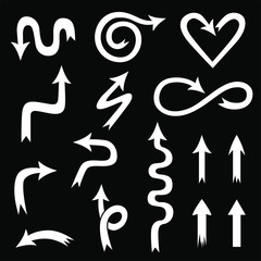 Vector illustrations of inverse arrows collection. White arrow icon set on black background.