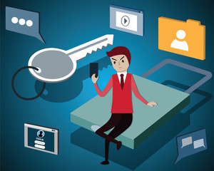 Security network concept,A man was sitting on a lock and play his smartphone - vector