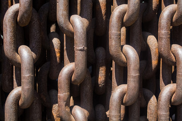 Background or texture from big metal and rusty chains and links.