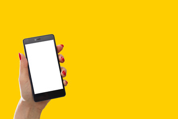 isolated hand holding the phone with isolated screen yellow, orange, background